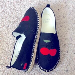 EUC- Black Crown & Ivy Shoes with Cherries - Size 6.5 espadrilles hemp